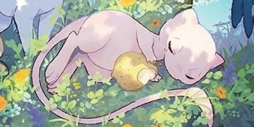 A Mew illustration in a flowered field used as a story cue for Mewtwo
