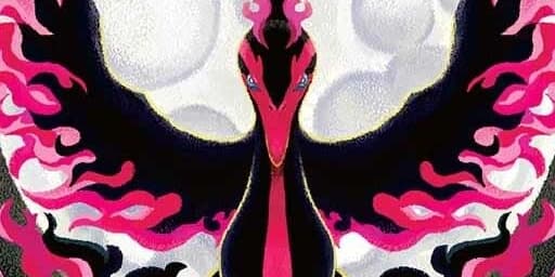 A dark Pokémon illustration framed by bright magenta flames