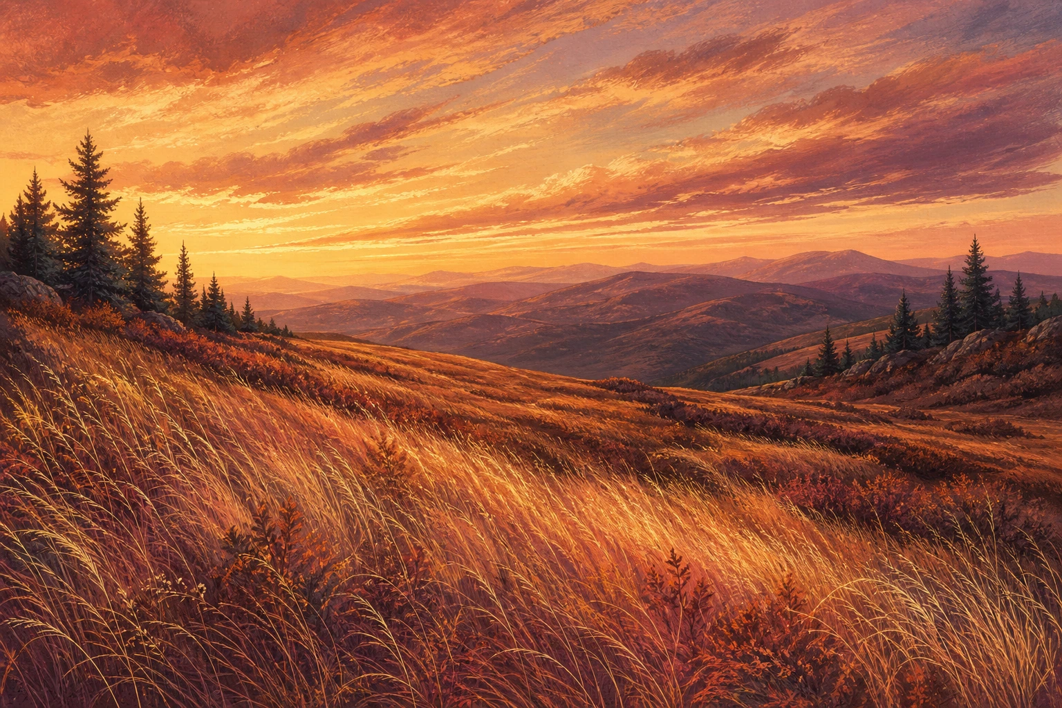 Copper hillside grasses beneath glowing clouds and distant plum mountains
