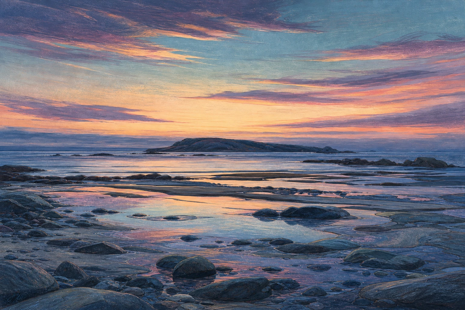 Rocky tide pools reflecting a pink, plum, and blue twilight sky
