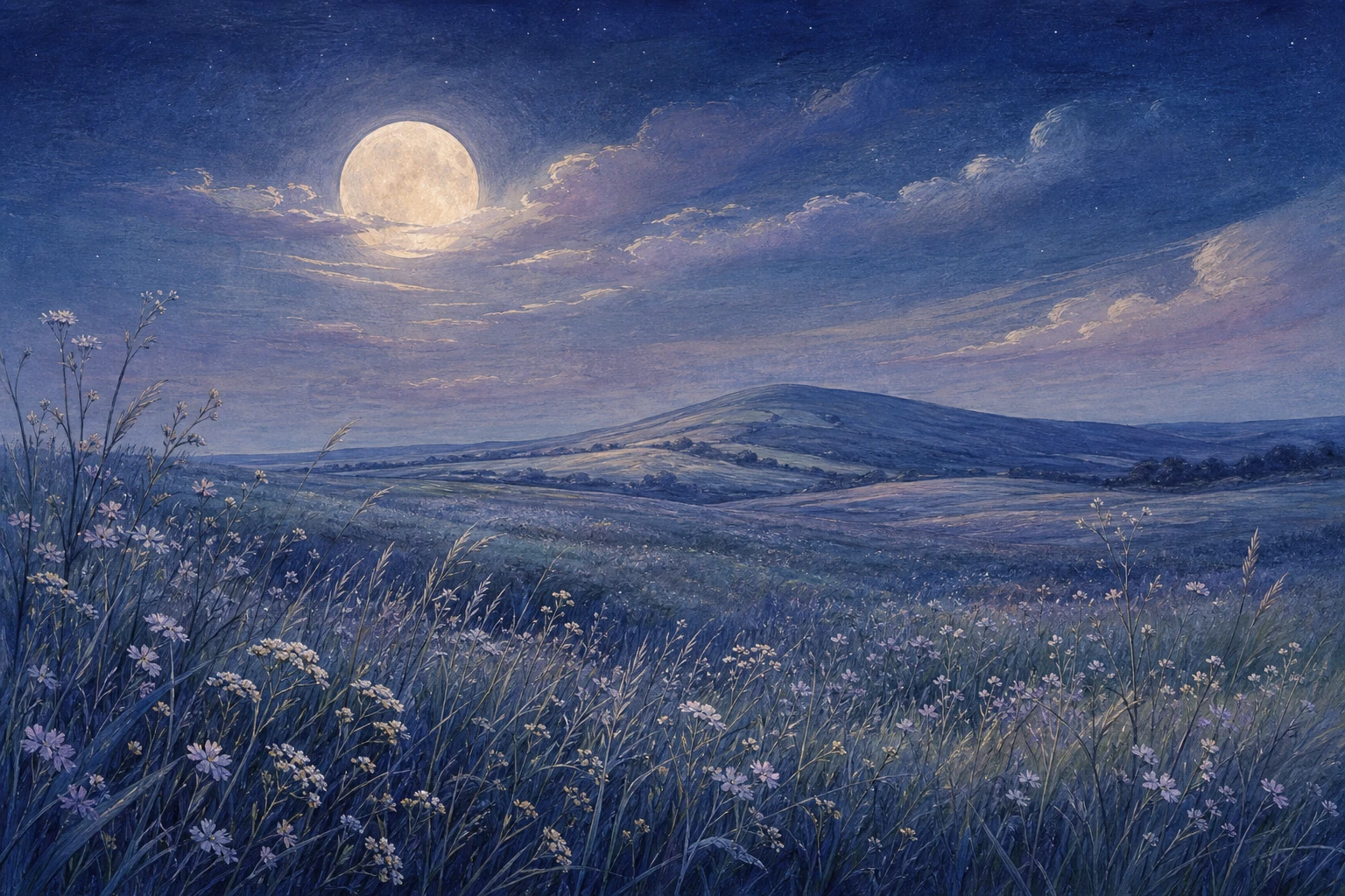Moonlit blue meadow with pale wildflowers and a distant rounded hill
