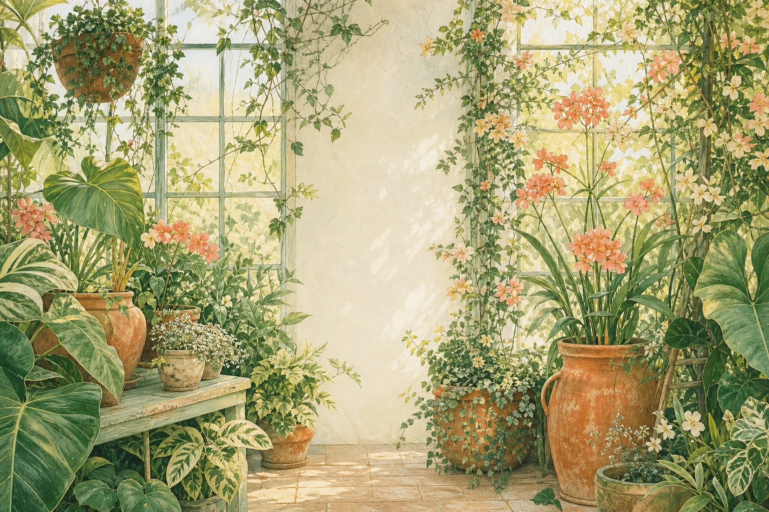 Sunlit glasshouse filled with green leaves, coral flowers, and terracotta pots