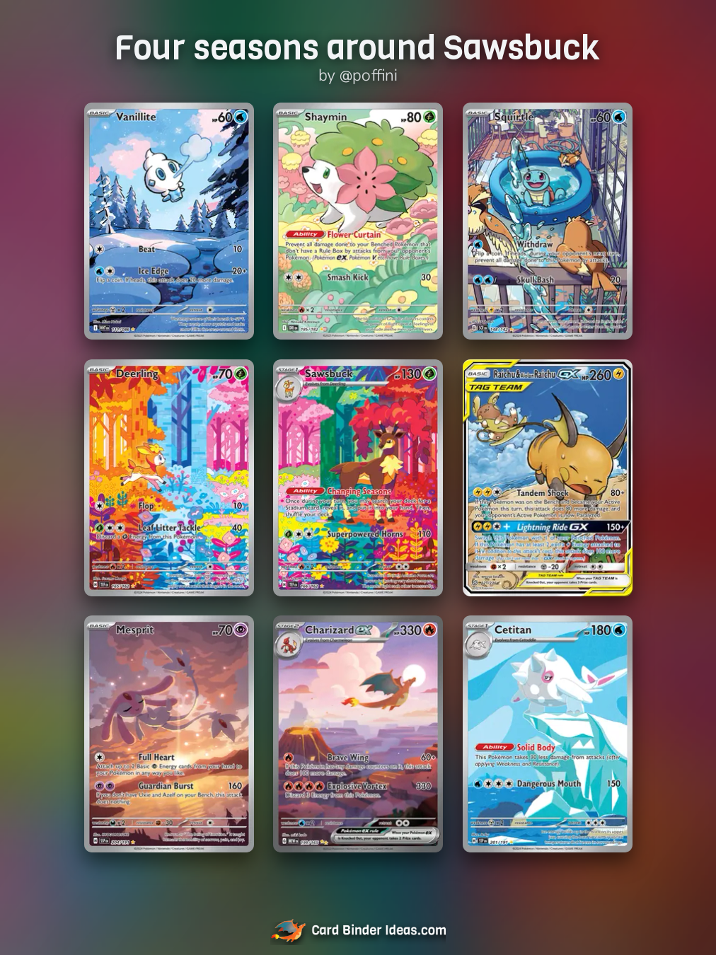 Four seasons around Sawsbuck. Full Art Pokémon card binder idea by @poffini.