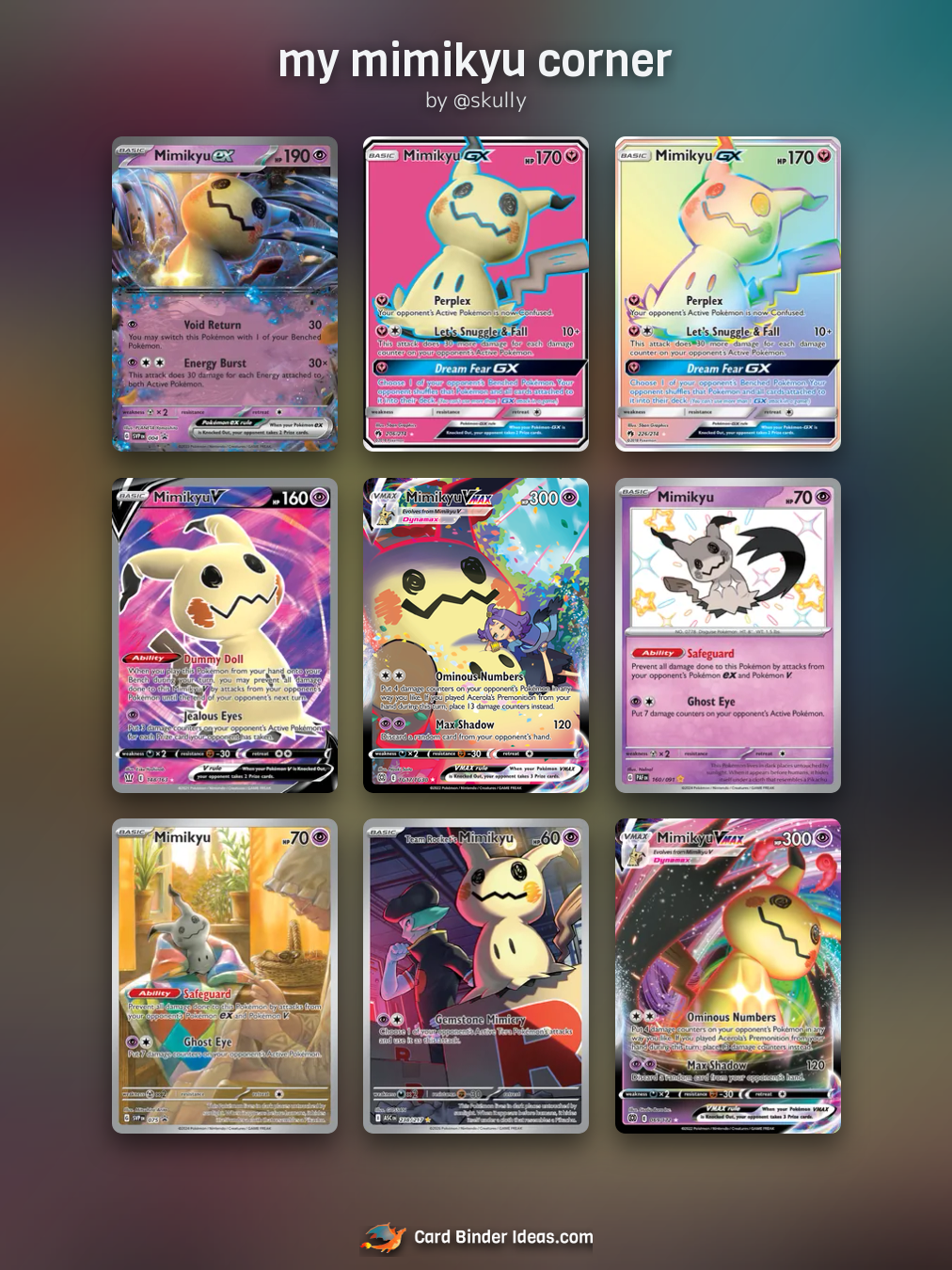 my mimikyu corner. Full Art Pokémon card binder idea by @skully.