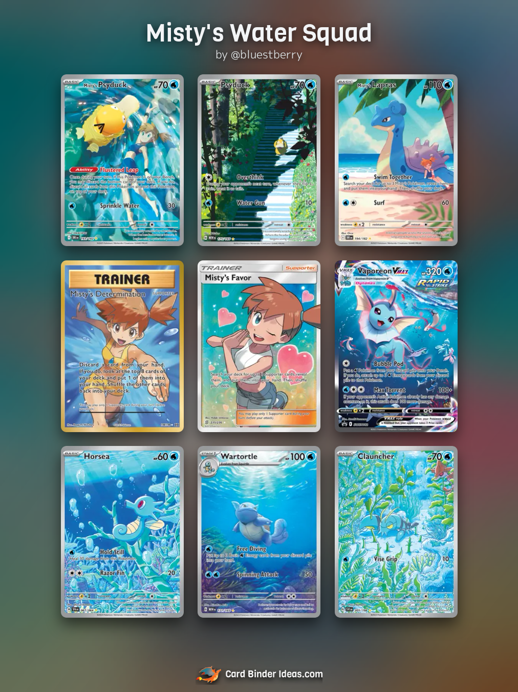 Misty's Water Squad. Michi Method Pokémon card binder idea by @bluestberry.