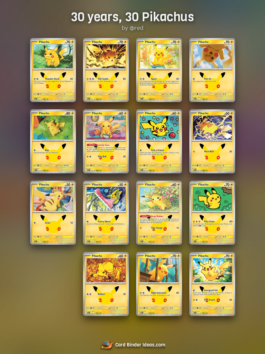First 16-pocket page of 30 years, 30 Pikachus, with fifteen anniversary Pikachu cards