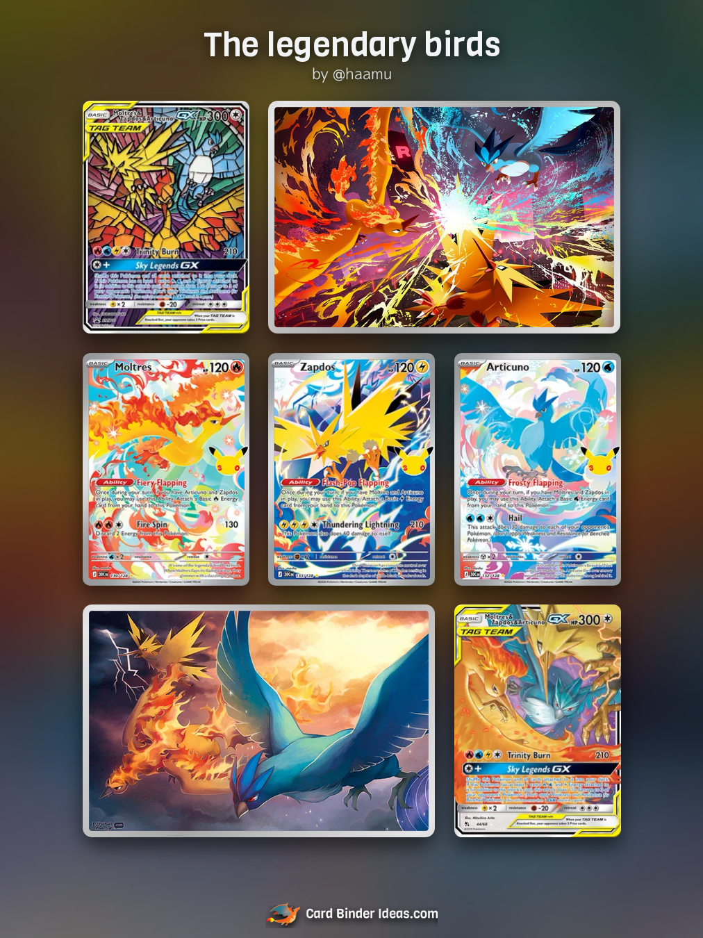 The legendary birds. Michi Method Pokémon card binder idea by @haamu.