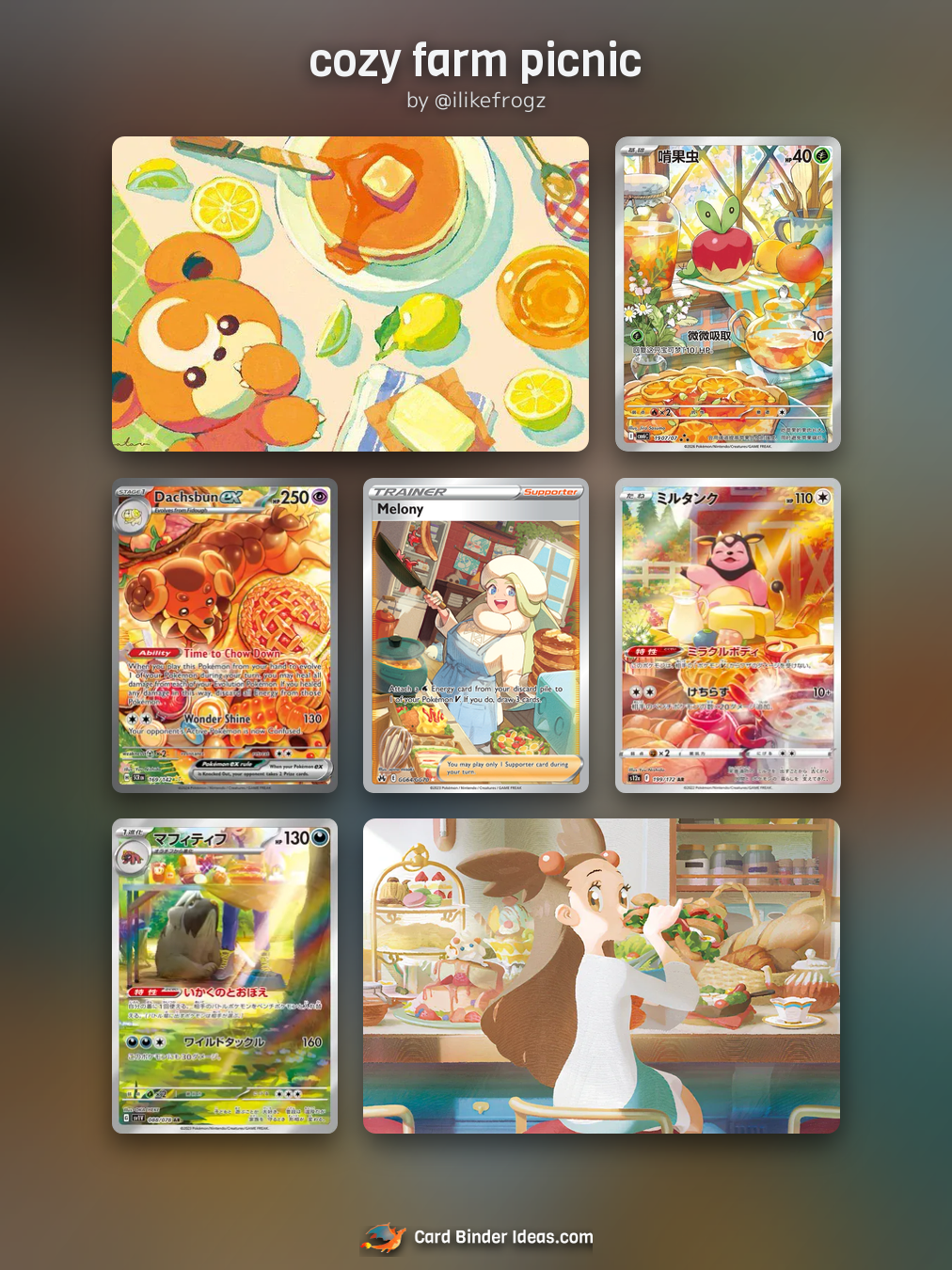 cozy farm picnic. Michi Method Pokémon card binder idea by @ilikefrogz.
