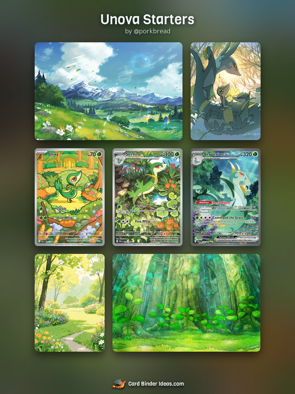 Unova Starters. Michi Method Pokémon card binder idea by @porkbread.