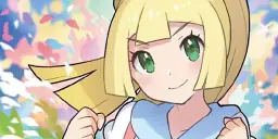 Lillie holding a card among bright flowers in a trainer-themed illustration