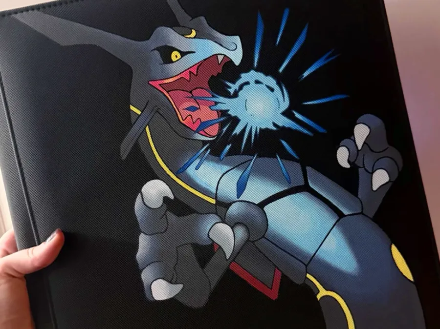 A black binder painted with a blue-black dragon breathing icy blue fire