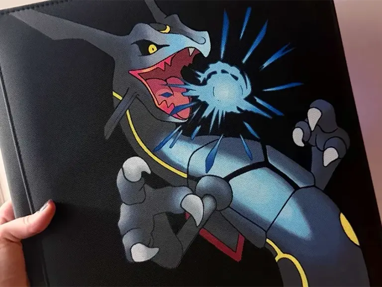 A black binder painted with a blue-black dragon breathing icy blue fire