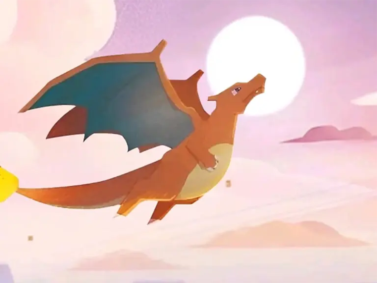 Charizard flying through a pastel sky in Pokémon 151 artwork