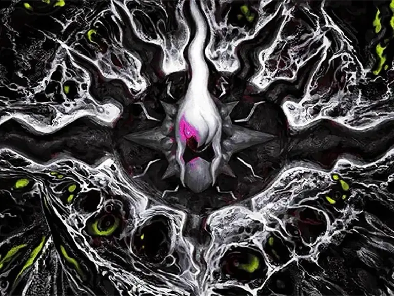 Mega Giratina artwork surrounded by black, white, and acid-green energy