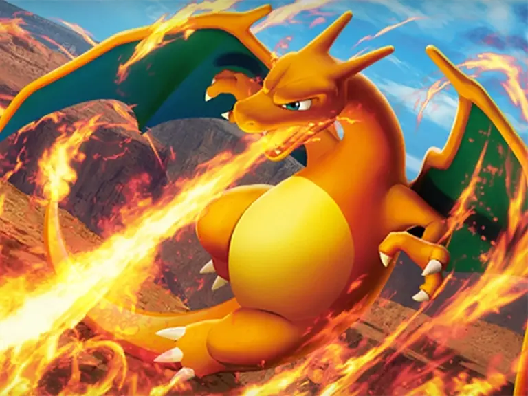 Charizard breathing fire across a rocky landscape