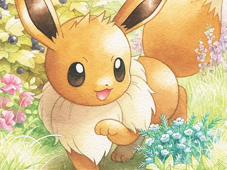 Eevee running through a watercolor flower garden
