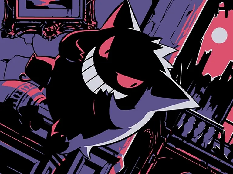 Gengar grinning in a dark purple room