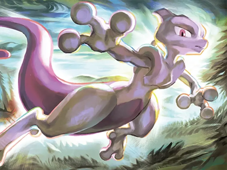Mewtwo reaching forward against a bright painted sky