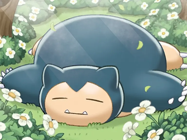 Snorlax sleeping in a field of white flowers